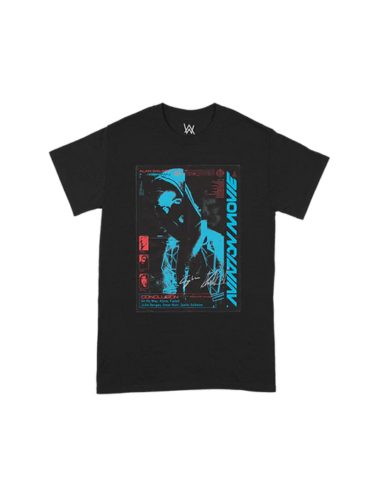Alan Walker Aviation Movie Conclusion Tee featuring a vibrant blue and red movie poster print on black fabric.
