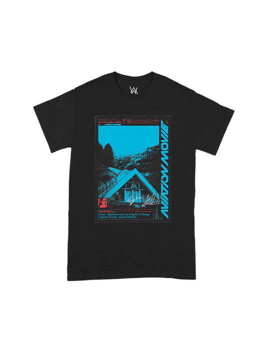 Aviation Movie Intro Tee displaying a unique VHS-inspired graphic with a serene cabin in the woods scene on a black background, topped with the recognizable Alan Walker logo.