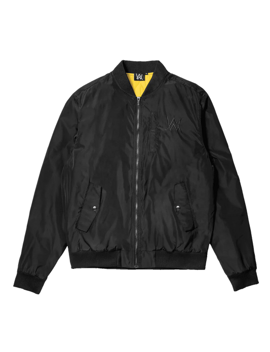 Alan Walker Walkerverse style black bomber jacket front view showcasing iconic logo.