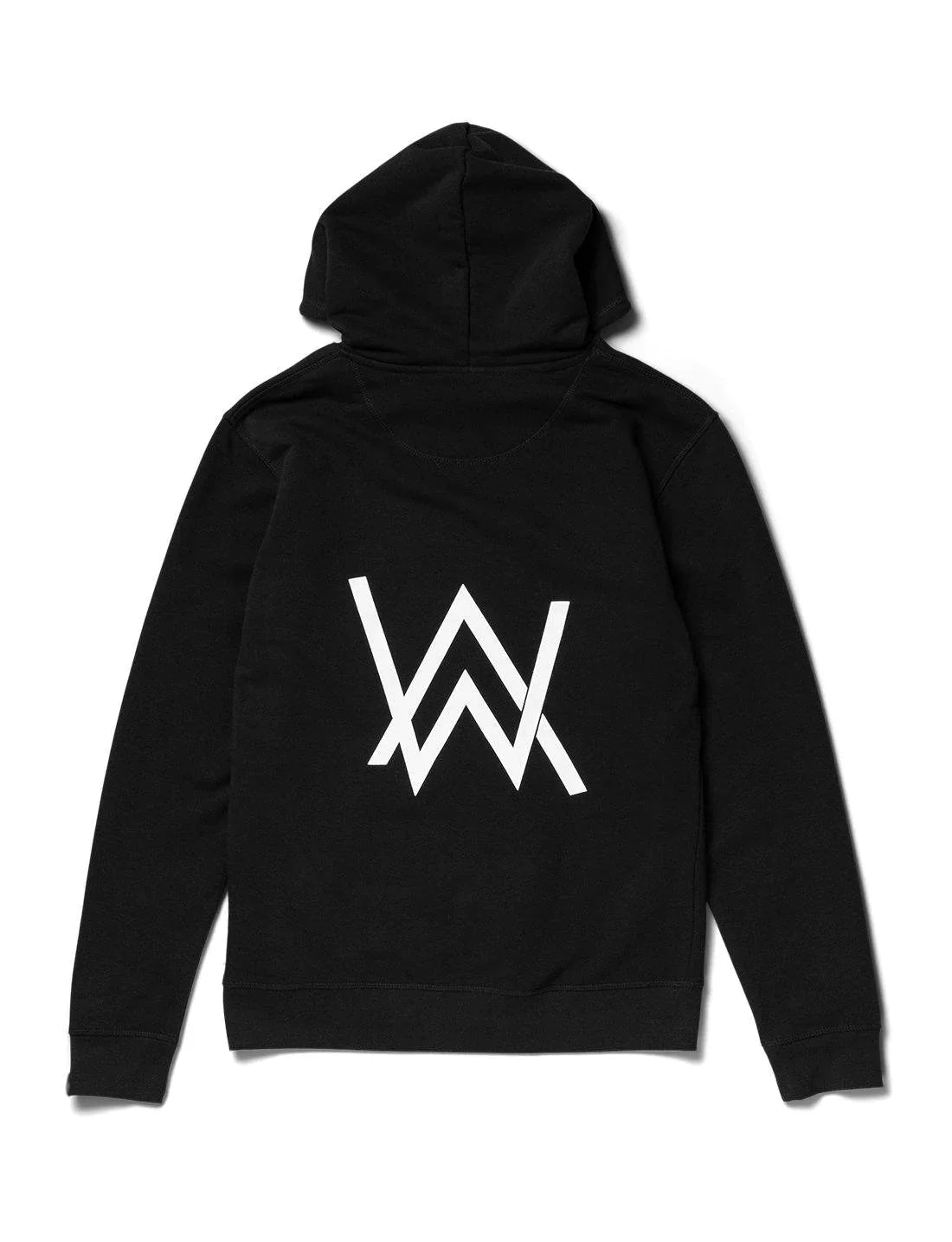 Back view of the Alan Walker Core Logo Hoodie in black, showcasing a bold white 'AW' logo on the back for a statement look, perfect for fans of the music artist's signature style.