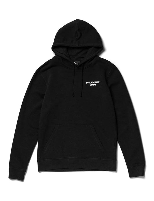 Alan Walker Core Logo Hoodie in black, featuring a minimalistic 'W4LK3RS JOIN' text on the left chest area and a front pouch pocket, crafted for a comfortable and sleek look, displayed on a white background.