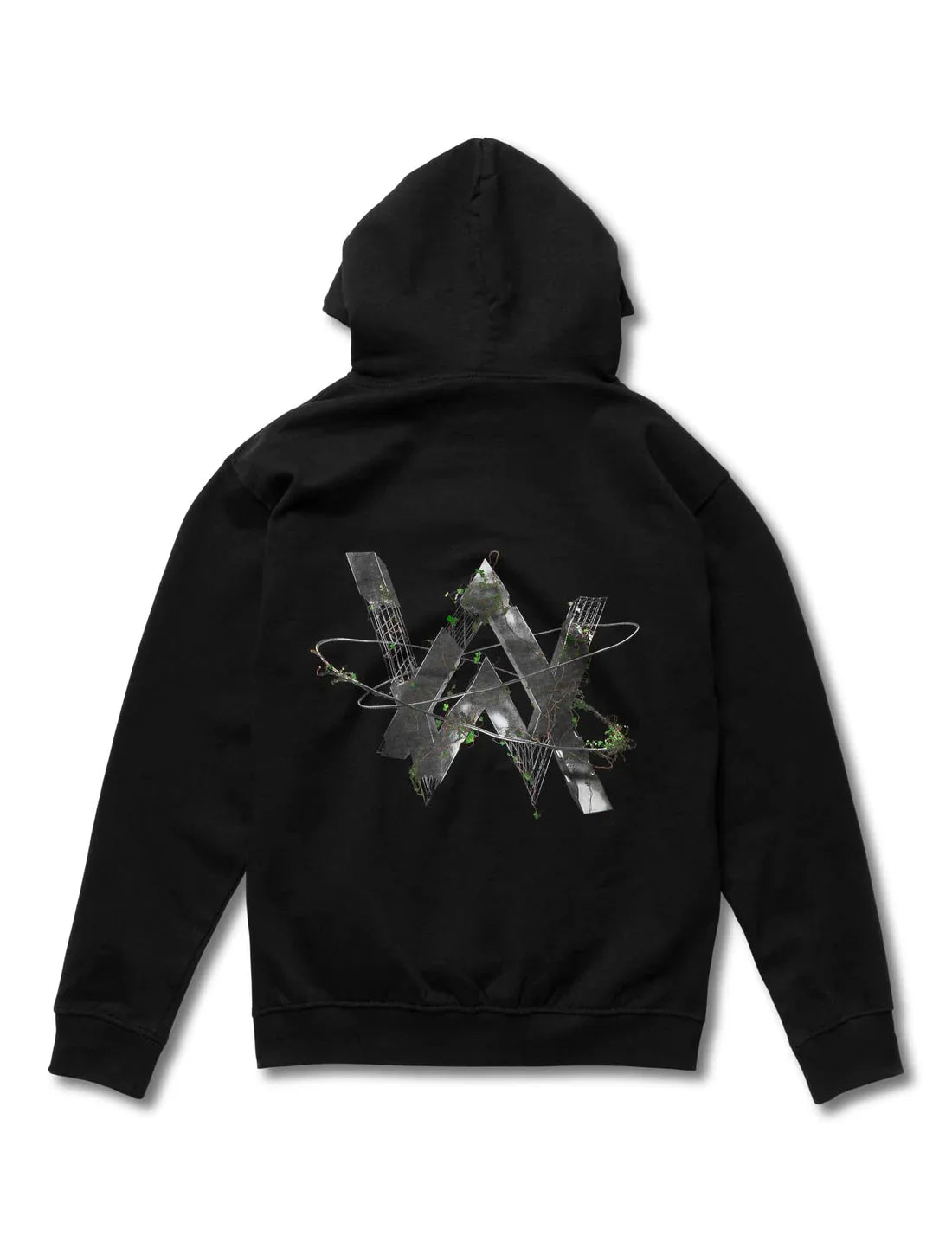 Rear view of black Alan Walker hoodie featuring intricate satellite and nature design.