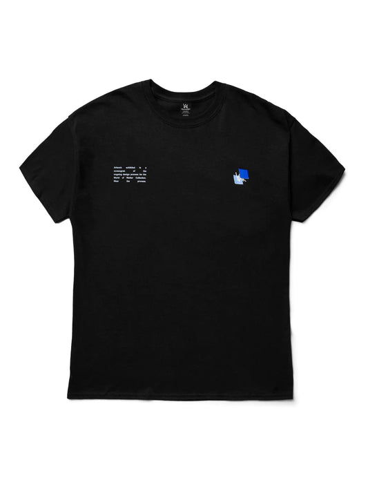 Alan Walker Blueprint T-Shirt in black with signature blue logo and descriptive text detailing the design process, presented on a clean white background.