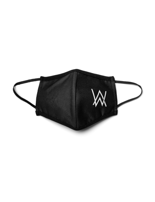 Alan Walker Core Logo Face Mask in black featuring the 'AW' logo in white, crafted with contoured fabric design and elastic ear straps, set against a dark background.