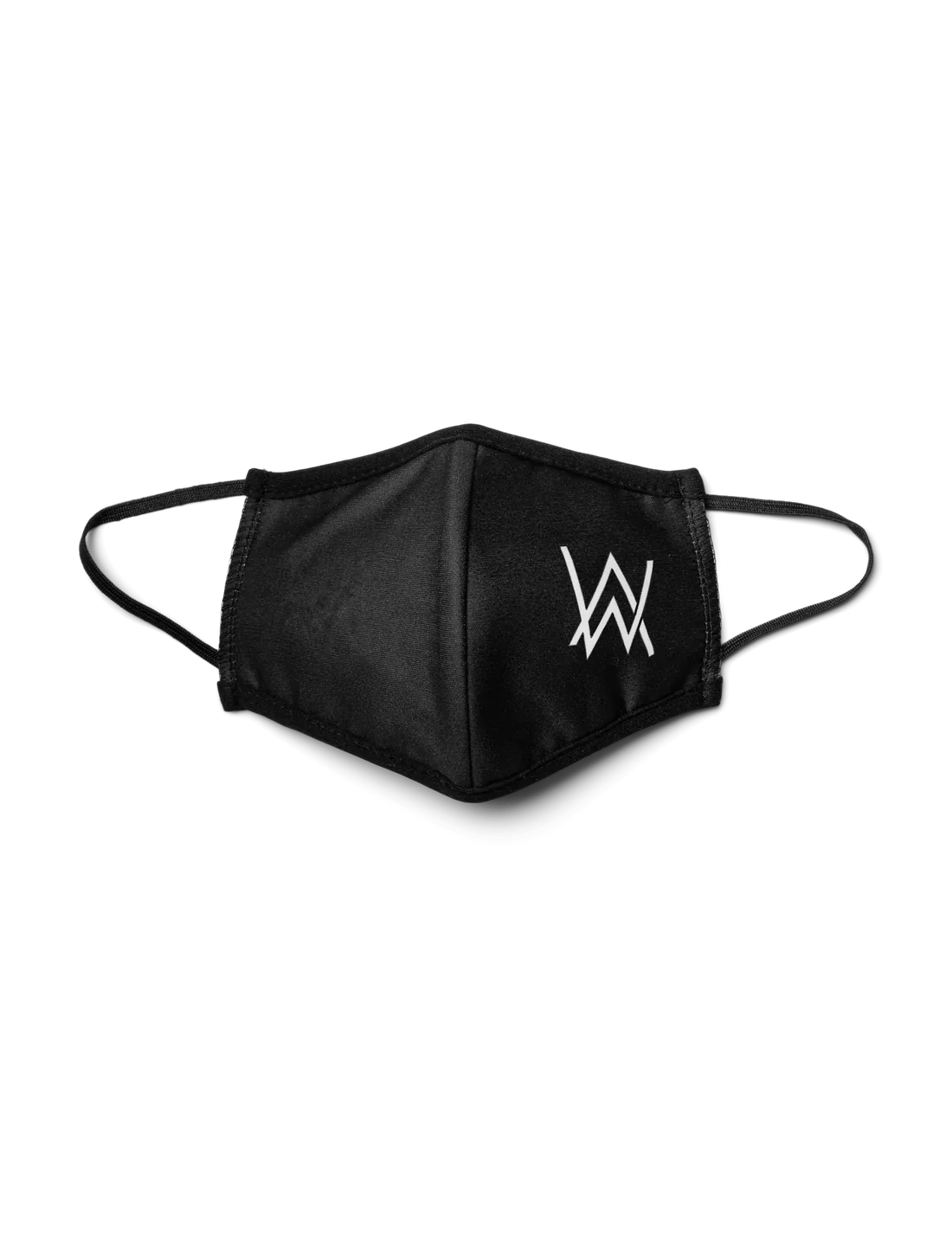 Alan Walker Core Logo Face Mask in black featuring the 'AW' logo in white, crafted with contoured fabric design and elastic ear straps, set against a dark background.