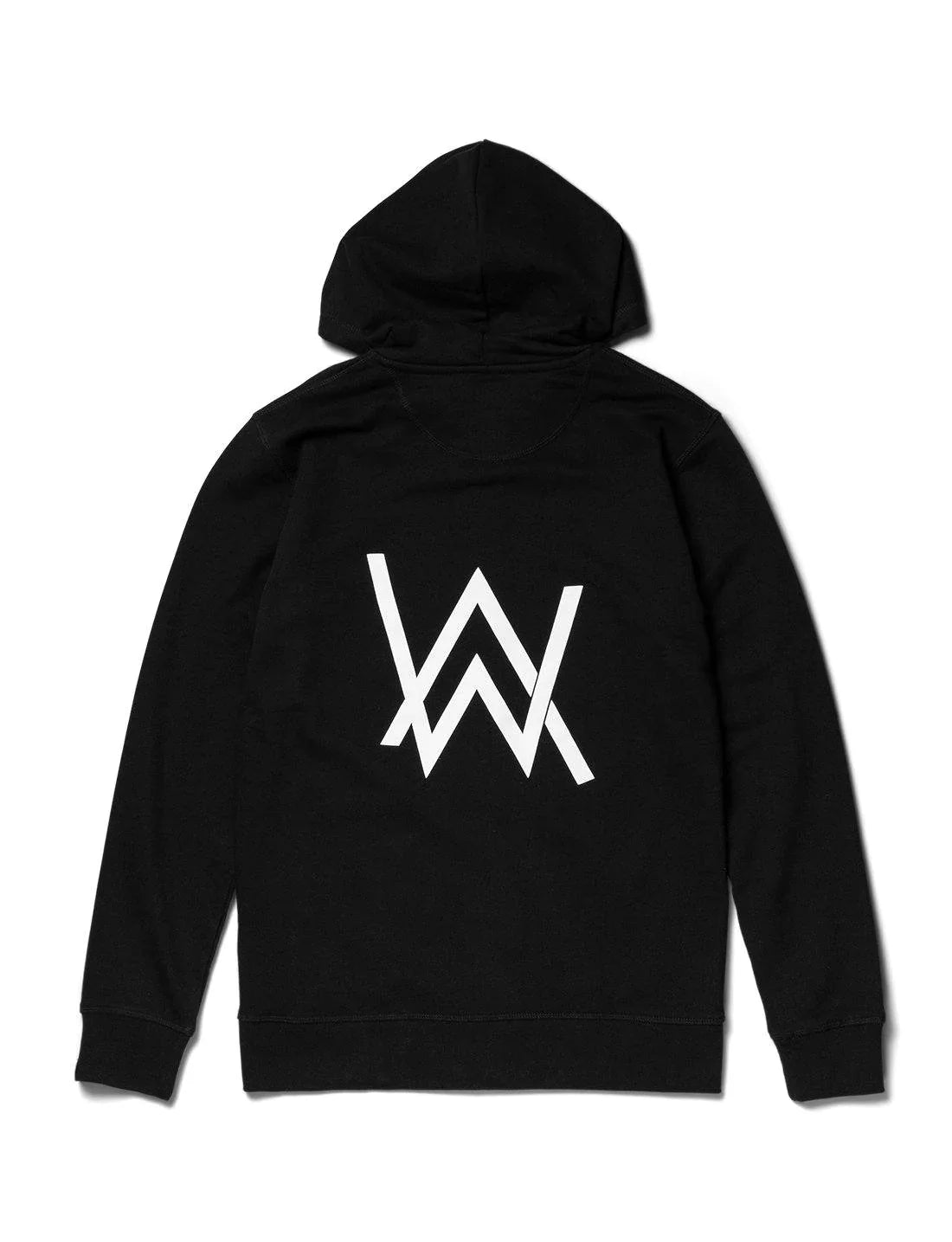 Rear view of the CORE LOGO ZIP HOODIE in black, featuring the iconic 'AW' white logo on the back, with a roomy hood and ribbed hem, exuding urban style and comfort, displayed on a white background.