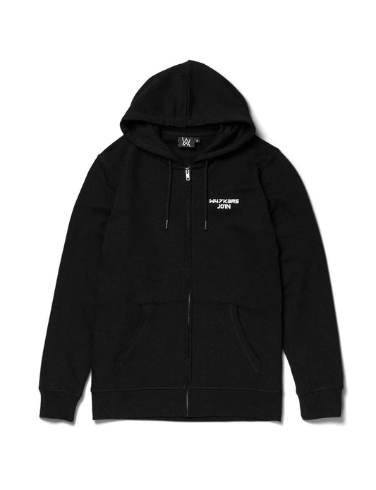 Classic black CORE LOGO ZIP HOODIE featuring a clean 'W4LK3RS JOIN' print on the left chest, full-length front zipper, and a cozy hood, designed for a comfortable fit and versatile style, presented on a white background.