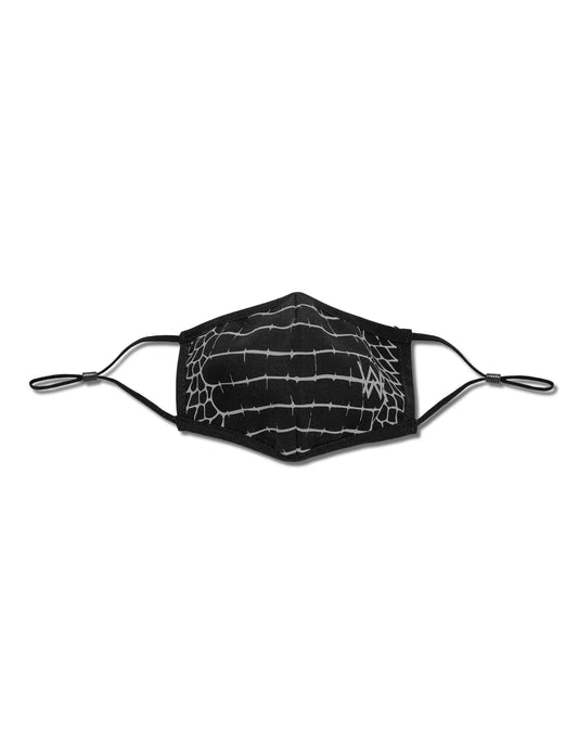 Adjustable black face mask with a reflective spider web pattern and the Alan Walker logo, offering both protection and a stylish accessory, presented on a white background.