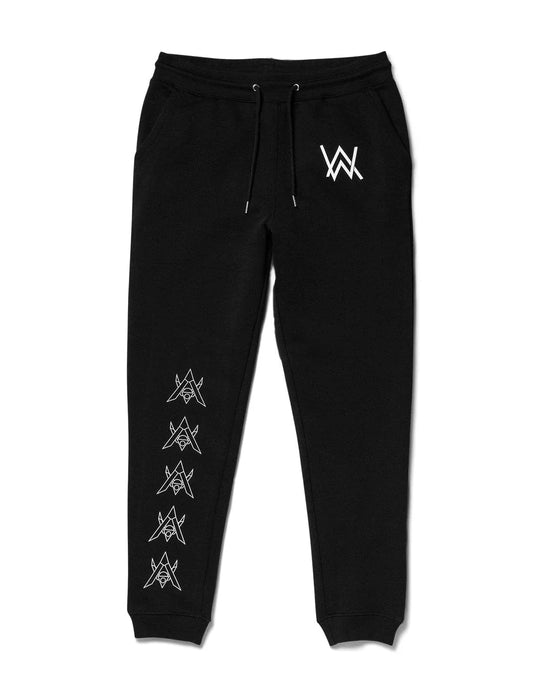 Alan Walker Core Drone Sweatpants in black featuring a white 'AW' logo on the left hip and a series of geometric drone motifs running down the right leg, designed with a drawstring waist for a comfortable fit.
