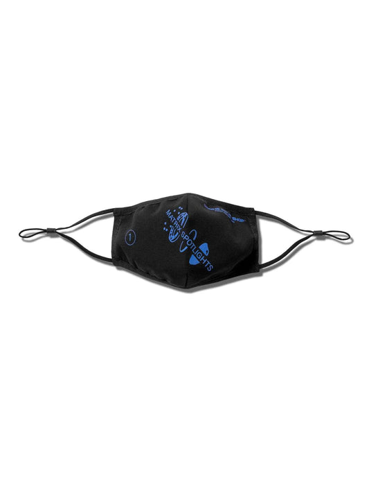 Black adjustable Drone Repair Shop face mask with blue logo design, displayed on a white background.
