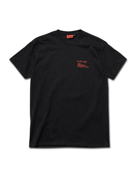 Black AVI-8 t-shirt with subtle red branding text on the left chest, presented on a white background.