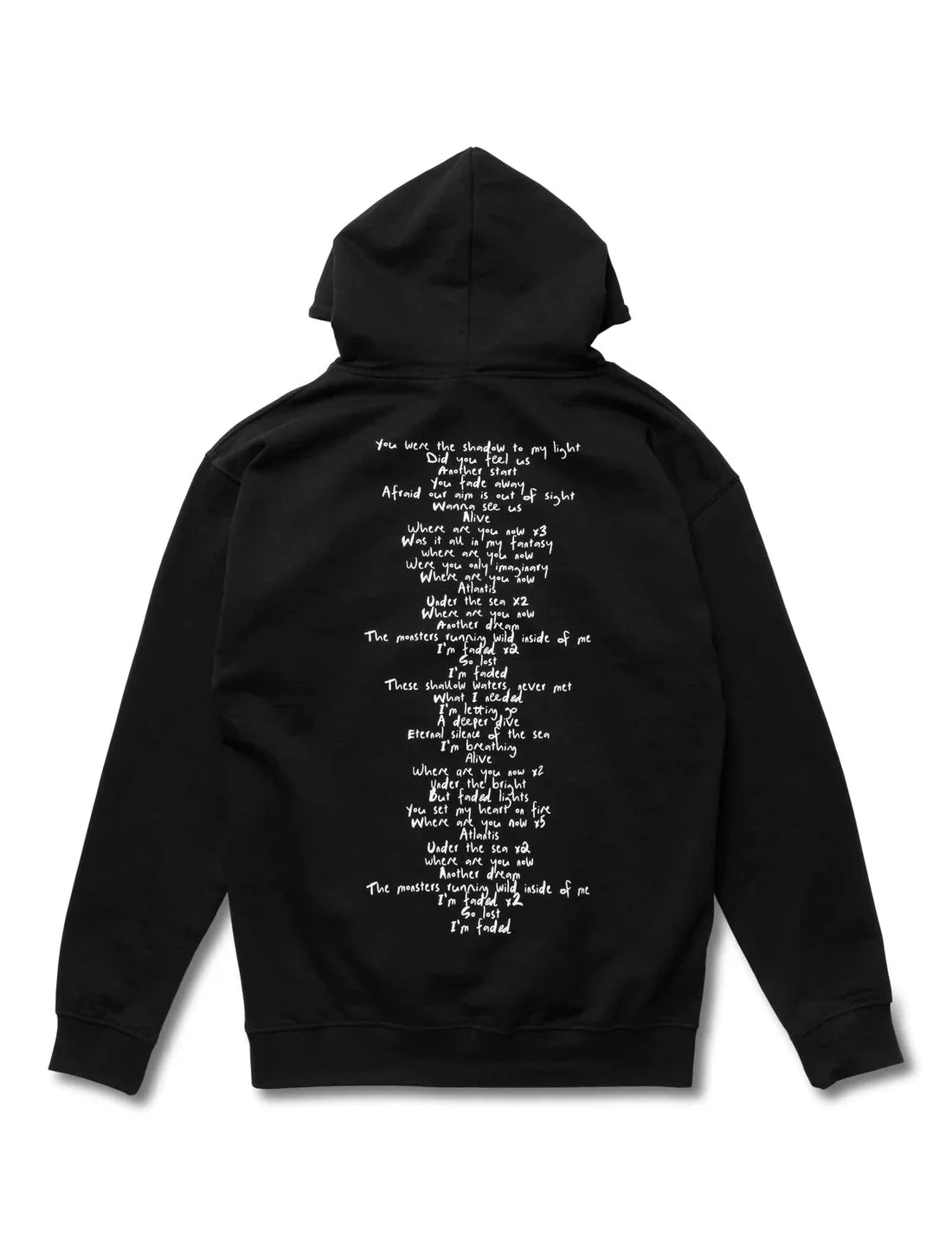 Back view of Alan Walker's Faded 2.0 Hoodie in black, displaying the song's lyrics in white text, artistically arranged down the center, presented on a white background."