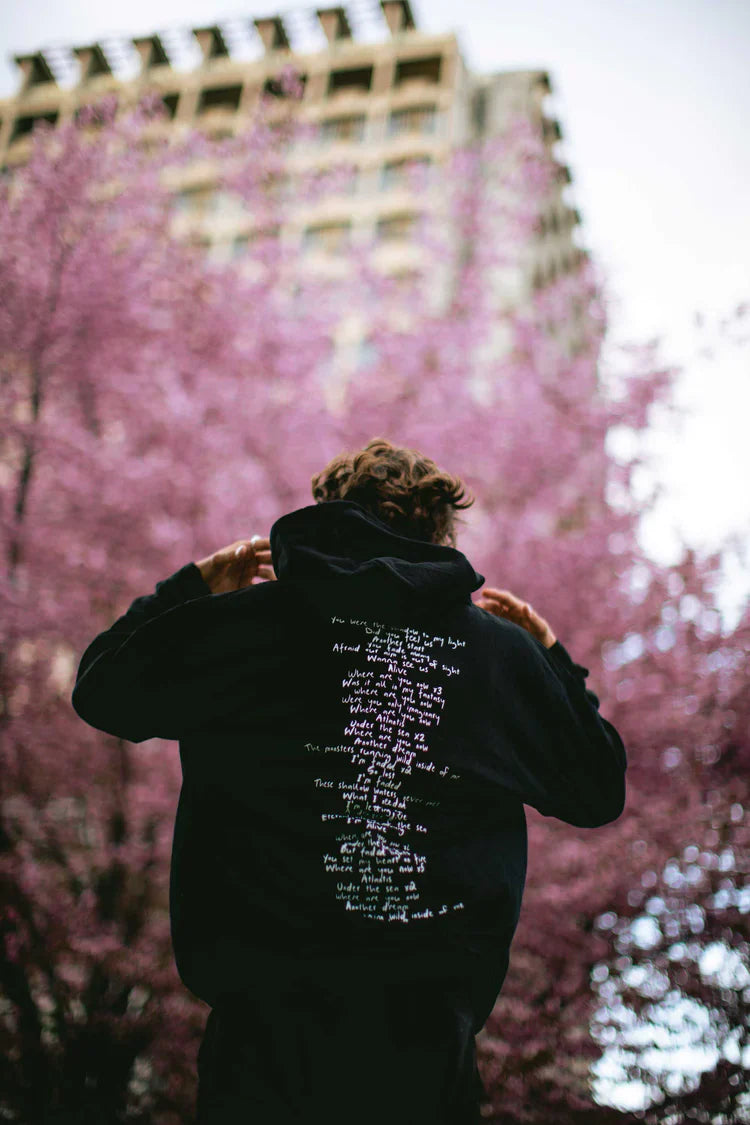 Person from behind wearing Alan Walker's Faded 2.0 Hoodie with song lyrics printed on the back, against a vibrant background of cherry blossoms.