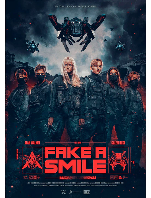 Promotional poster for 'Fake a Smile' by Alan Walker, featuring an intense lineup of figures in tactical gear with Alan Walker's logo, set against a dystopian backdrop with a central robotic figure, highlighting the 'World of Walker' theme.