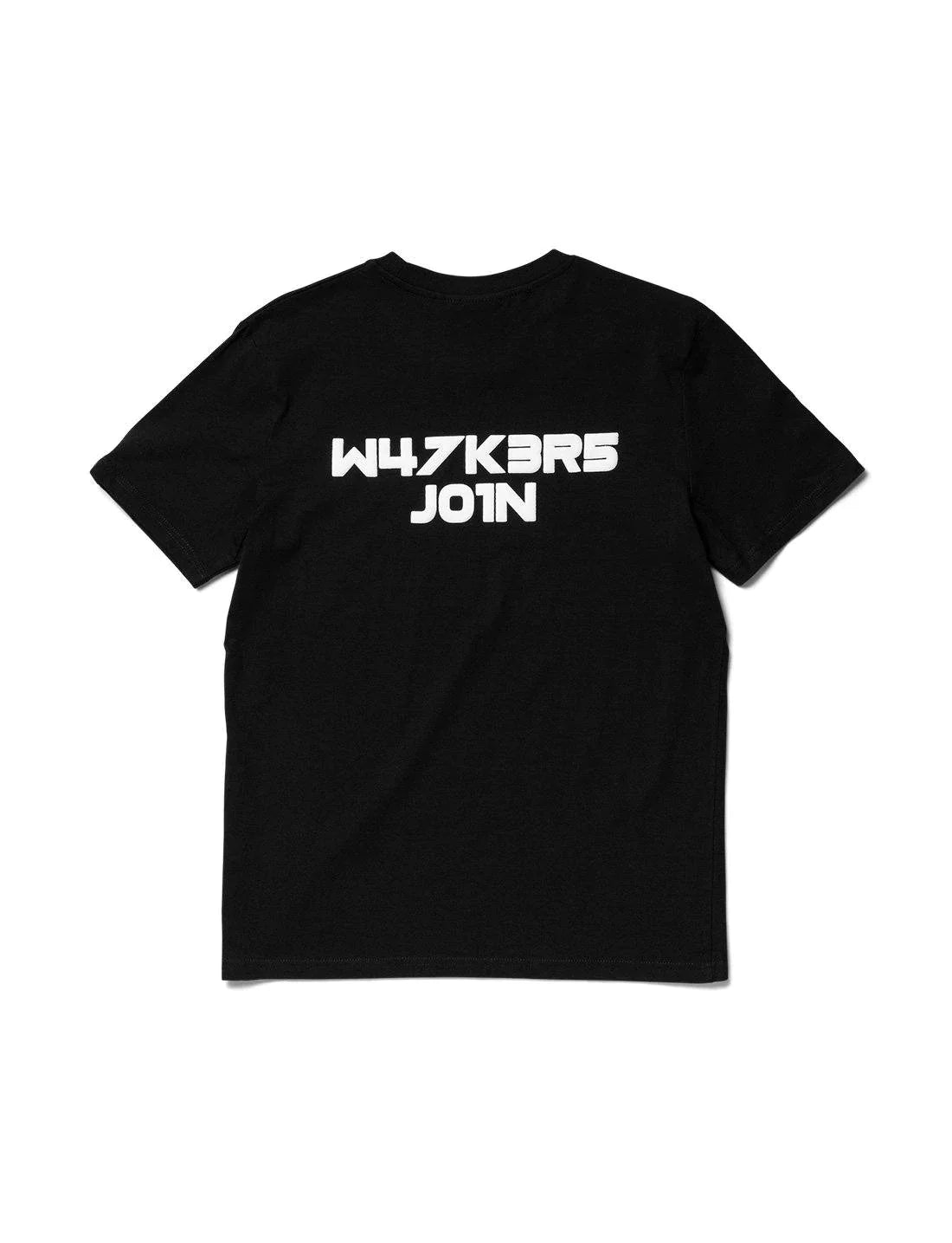 Rear view of a black t-shirt featuring a bold white 'W47K3R5 JOIN' slogan, a nod to the Alan Walker fan community.