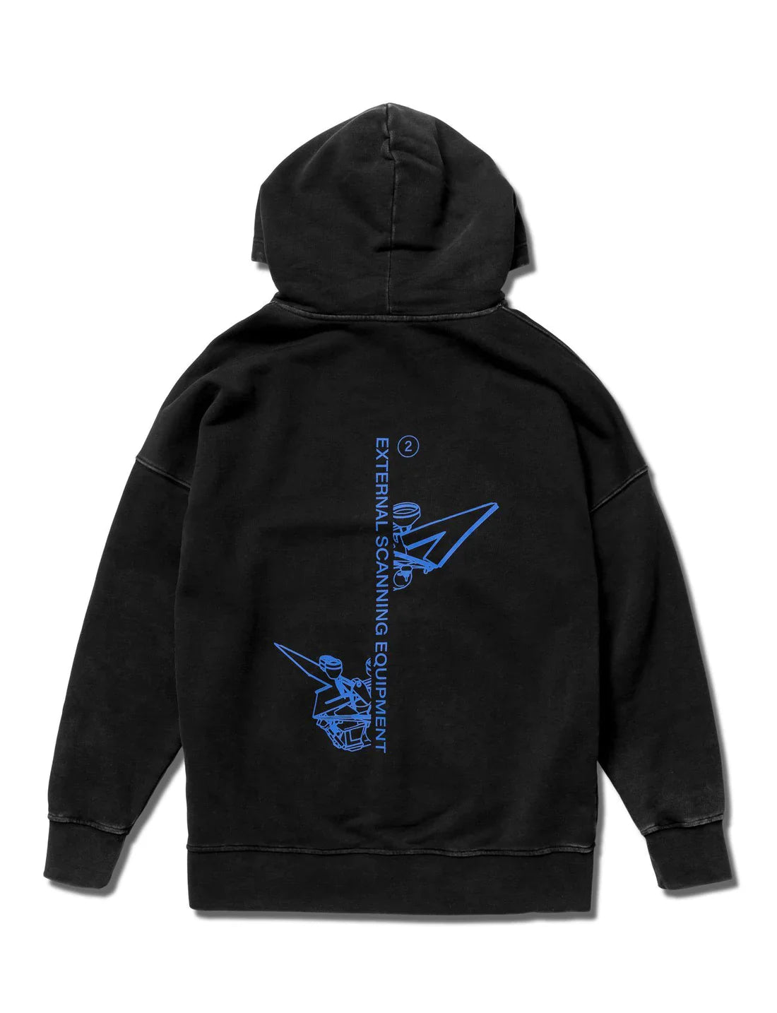 Back view of the black Drone Repair Shop Hoodie featuring intricate blue graphics with text related to external scanning equipment, marrying technical geek chic with urban streetwear style.