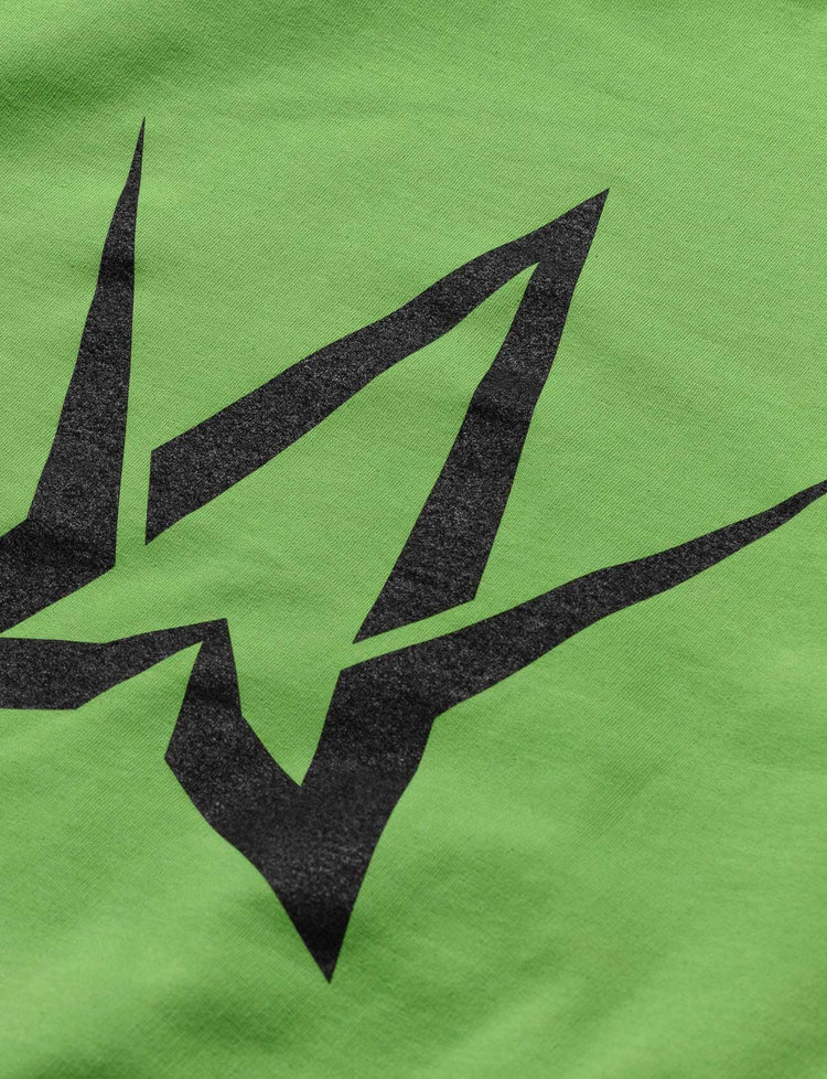 Zoomed-in view of the signature Alan Walker emblem on the back of the green stage hoodie, styled for fans.