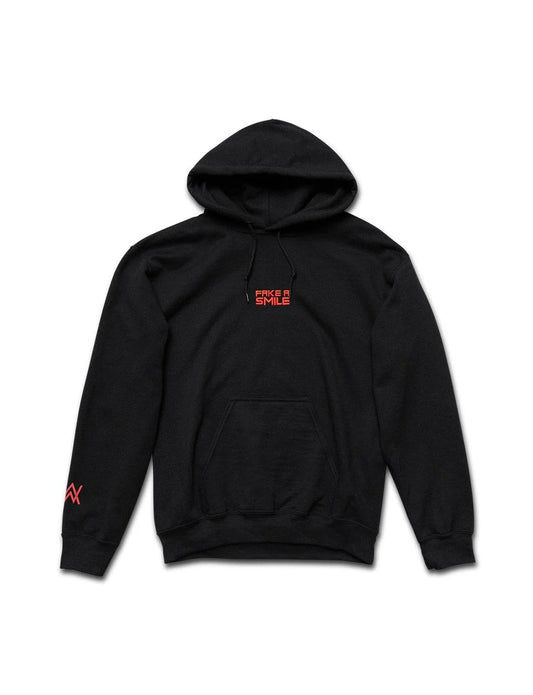 Alan Walker Fake a Smile Hoodie in black, with the song title in a striking red glitch font on the chest and the Alan Walker logo on the sleeve.