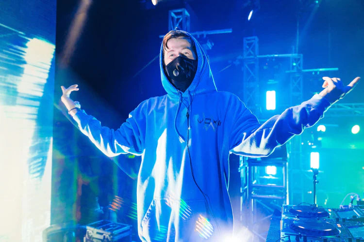 Alan Walker energizing the crowd, wearing the Blue Walker Stage Hoodie, essential gear for any electronic music event.