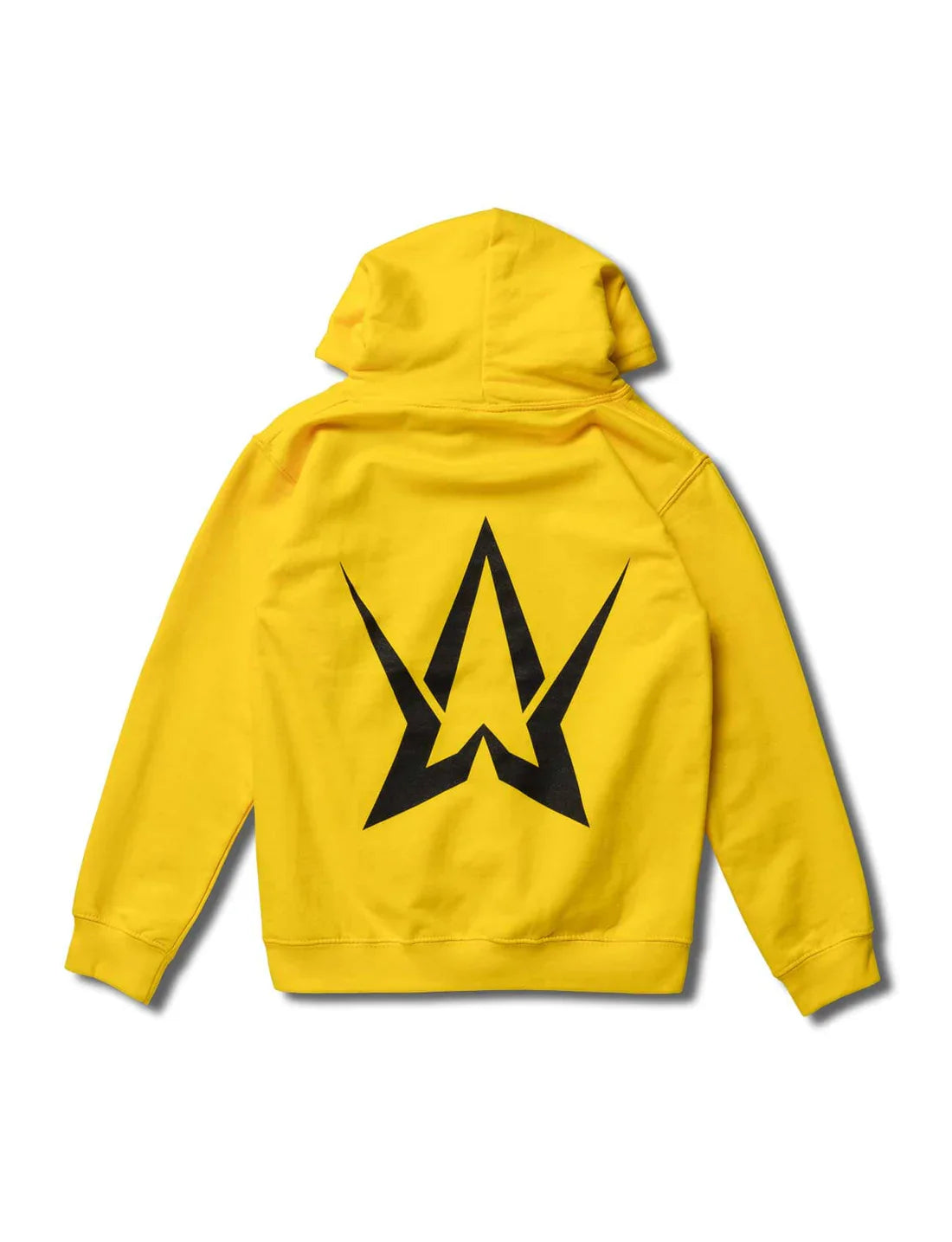 Back view of kids' Alan Walker yellow hoodie showcasing large black logo.
