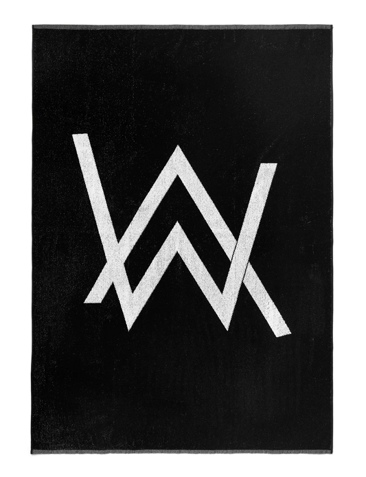 Black textured towel with the striking white Alan Walker logo, symbolizing the blend of music and lifestyle brand.