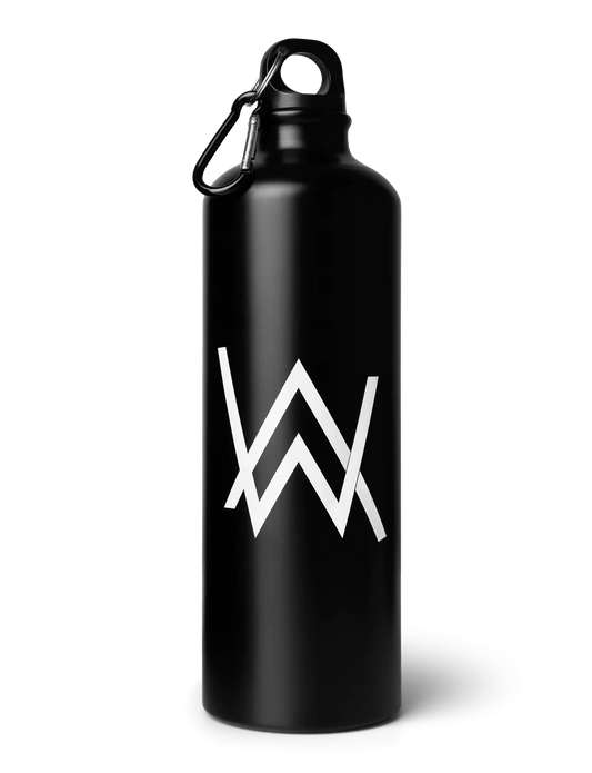 Sleek black water bottle featuring a prominent white Alan Walker logo, complete with a sturdy carabiner for easy attachment and portability.
