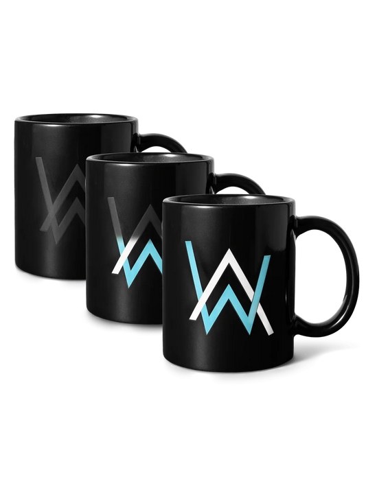 Trio of glossy black coffee mugs with luminous blue and white Alan Walker logos, offering a modern twist to your coffee experience.