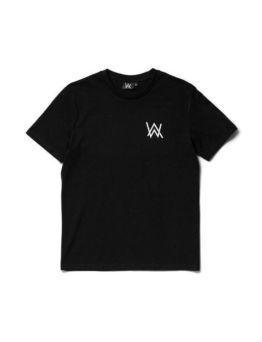 Black crew neck t-shirt with a minimalistic white Alan Walker logo on the chest, a staple of casual, cool streetwear.