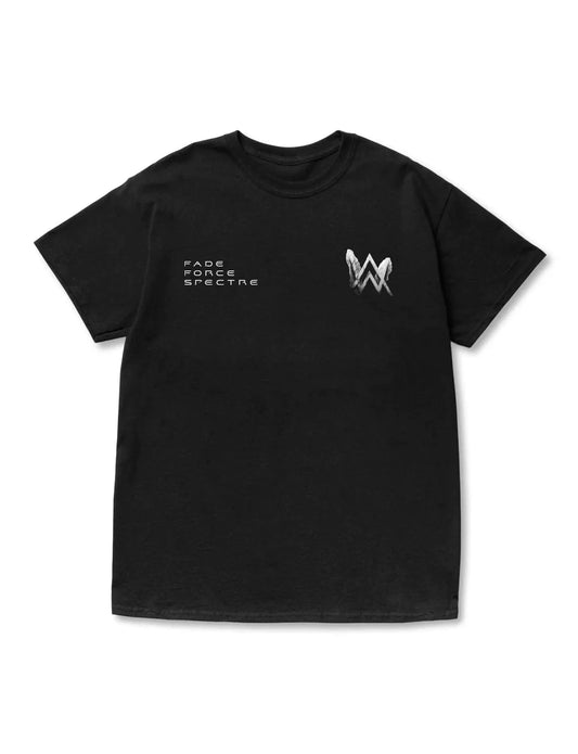 Alan Walker Origins Tee featuring a minimalist front design with 'FADE FORCE SPECTRE' text and the iconic Alan Walker logo in white on a classic black tee.