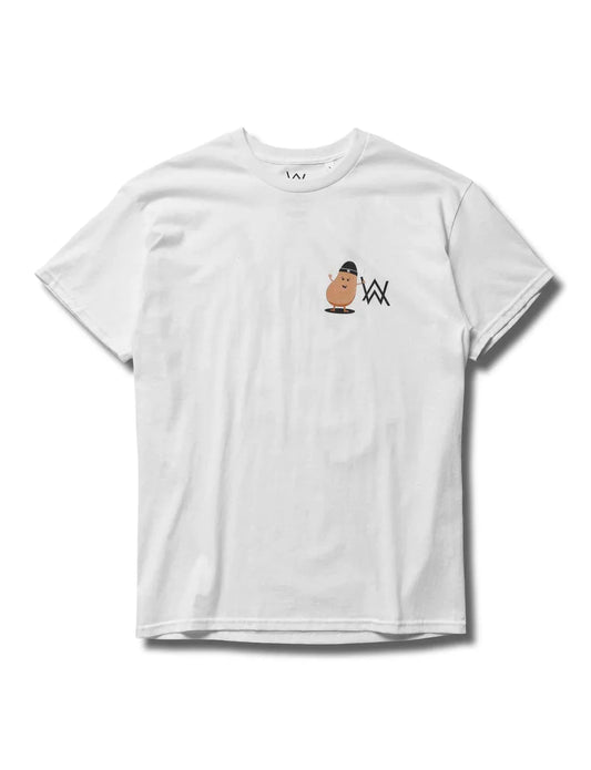 Front view of Alan Walker's white t-shirt featuring a cute potato character graphic with a beanie and the Walker logo.
