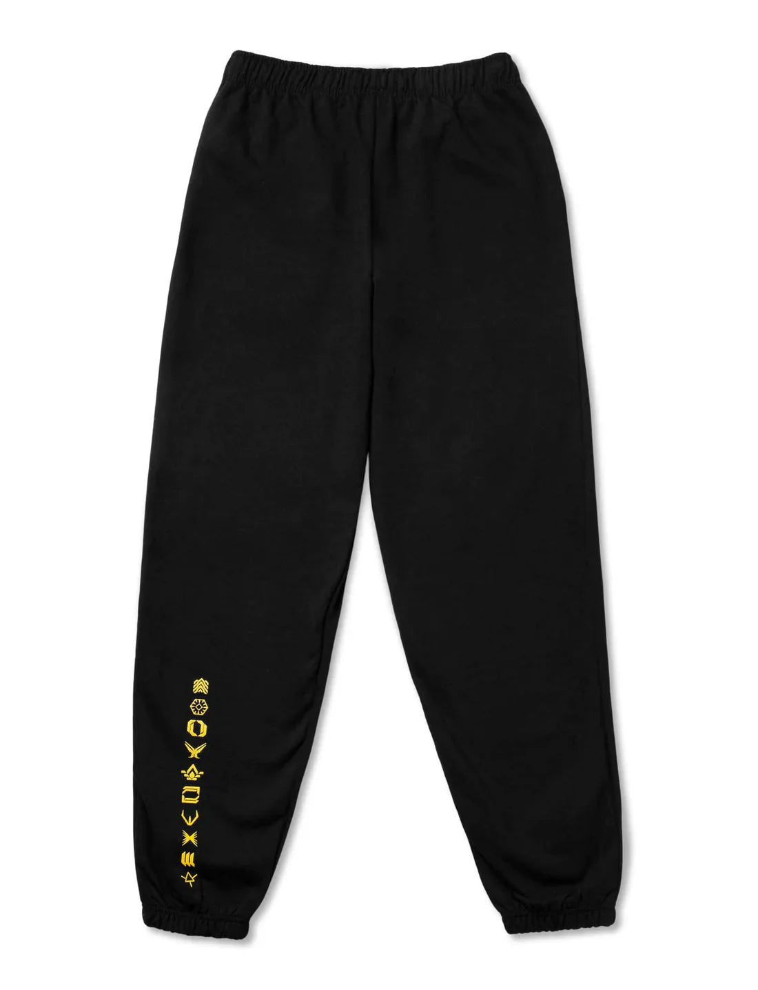Black Alan Walker themed sweatpants with Walkerverse text and iconography down the right leg.