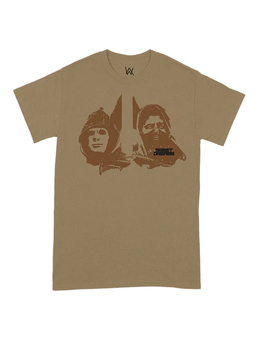 Khaki-colored Alan Walker Sweet Dreams Tee featuring a duo portrait in a sepia-tone print with Alan Walker's iconic logo and 'Sweet Dreams' title.