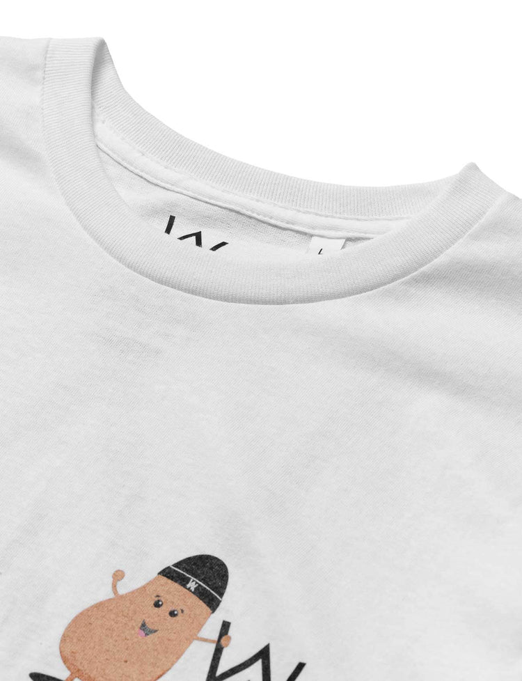 Close-up of the white t-shirt collar with discreet 'AW' branding, showcasing the attention to detail in Alan Walker's clothing line.