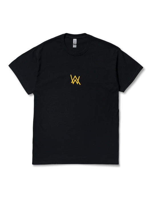 Black crew neck t-shirt with a small golden Alan Walker logo centered on the chest.