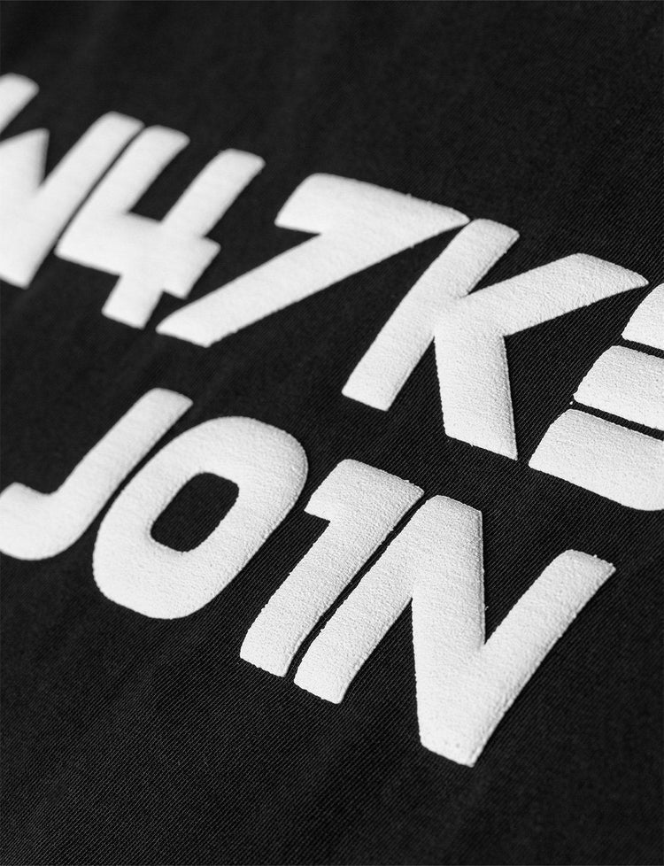 Detailed view of the 'W47K3R5 JOIN' text in white on black, showcasing the unique alphanumeric font style of the Alan Walker brand.