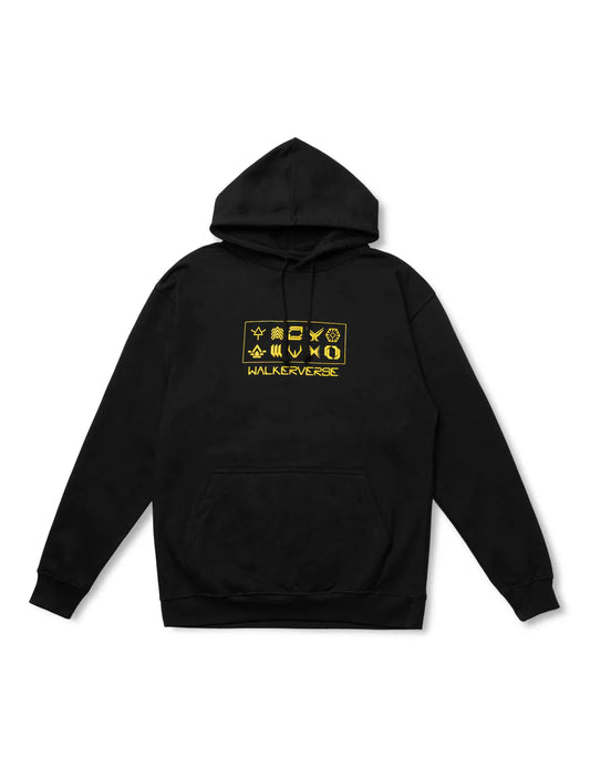 Alan Walker Walkerverse Hoodie in black, featuring a unique yellow glyph design on the chest representing the 'Walkerverse' concept.