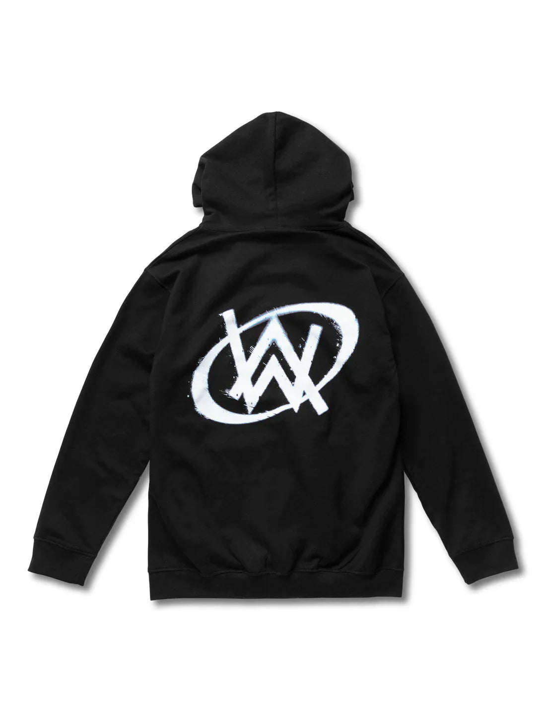 Back view of a black hoodie featuring a bold white Alan Walker logo, perfect for fans flaunting their music allegiance.