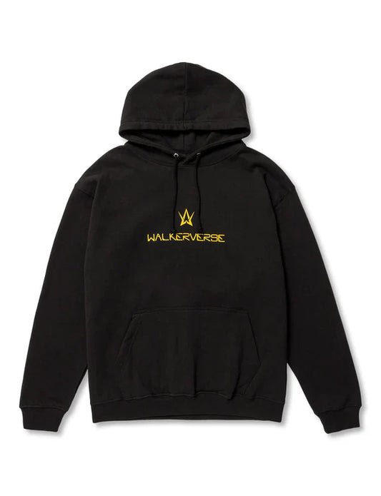 Sleek Black Walkerverse 2.0 Hoodie with golden logo embroidery on the chest for a stylish fandom statement.