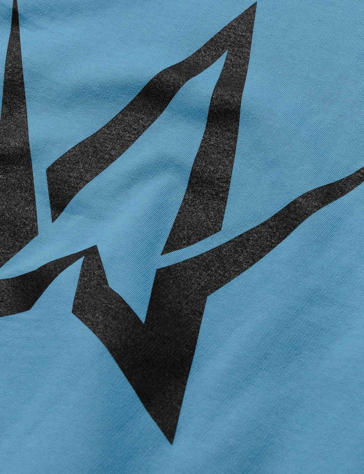 Zoomed-in view of the iconic Alan Walker logo on the Blue Walker Stage Hoodie, featuring a striking contrast of black on tranquil blue for a standout visual appeal.