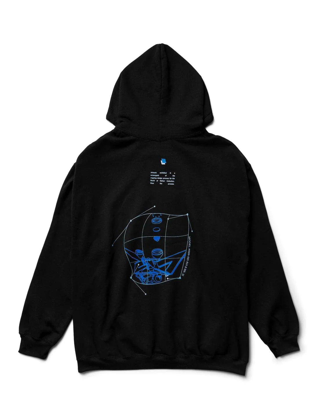 Rear view of an Alan Walker Blueprint Hoodie in black, showcasing a large blue schematic design of a protective mask on the back, with accompanying technical text and the signature Alan Walker logo at the top.