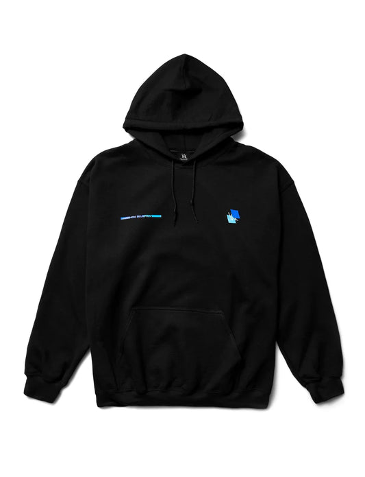Alan Walker Blueprint Hoodie in black with small blue graphic elements and text on the chest area, featuring a front pocket and drawstring hood, presented on a white background.