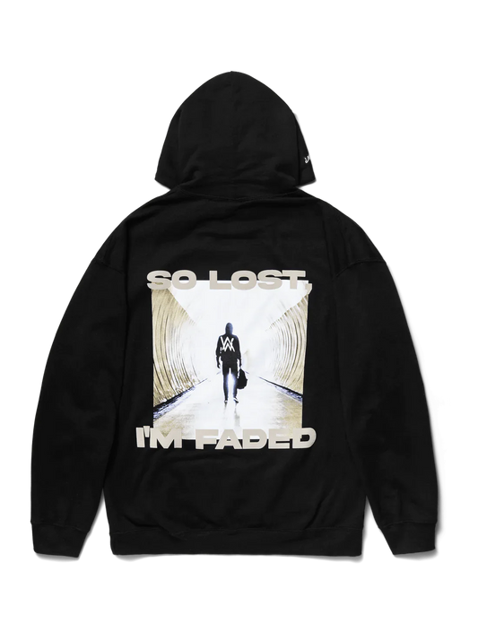 Alan Walker's Faded black hoodie with a bold white print on the back reading 'SO LOST I'M FADED' above an image of a person walking towards light at the end of a tunnel, set on a black background.