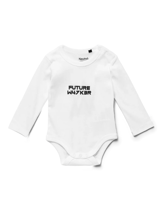 Front view of the FUTURE WALKER BABY BODY onesie in white, featuring bold black lettering, a stylish choice for the youngest Alan Walker fans.