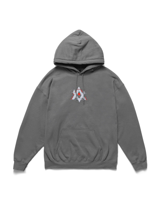 Sleek charcoal-gray hoodie front view with minimalist red and white gaming-inspired emblem and Alan Walker logo.