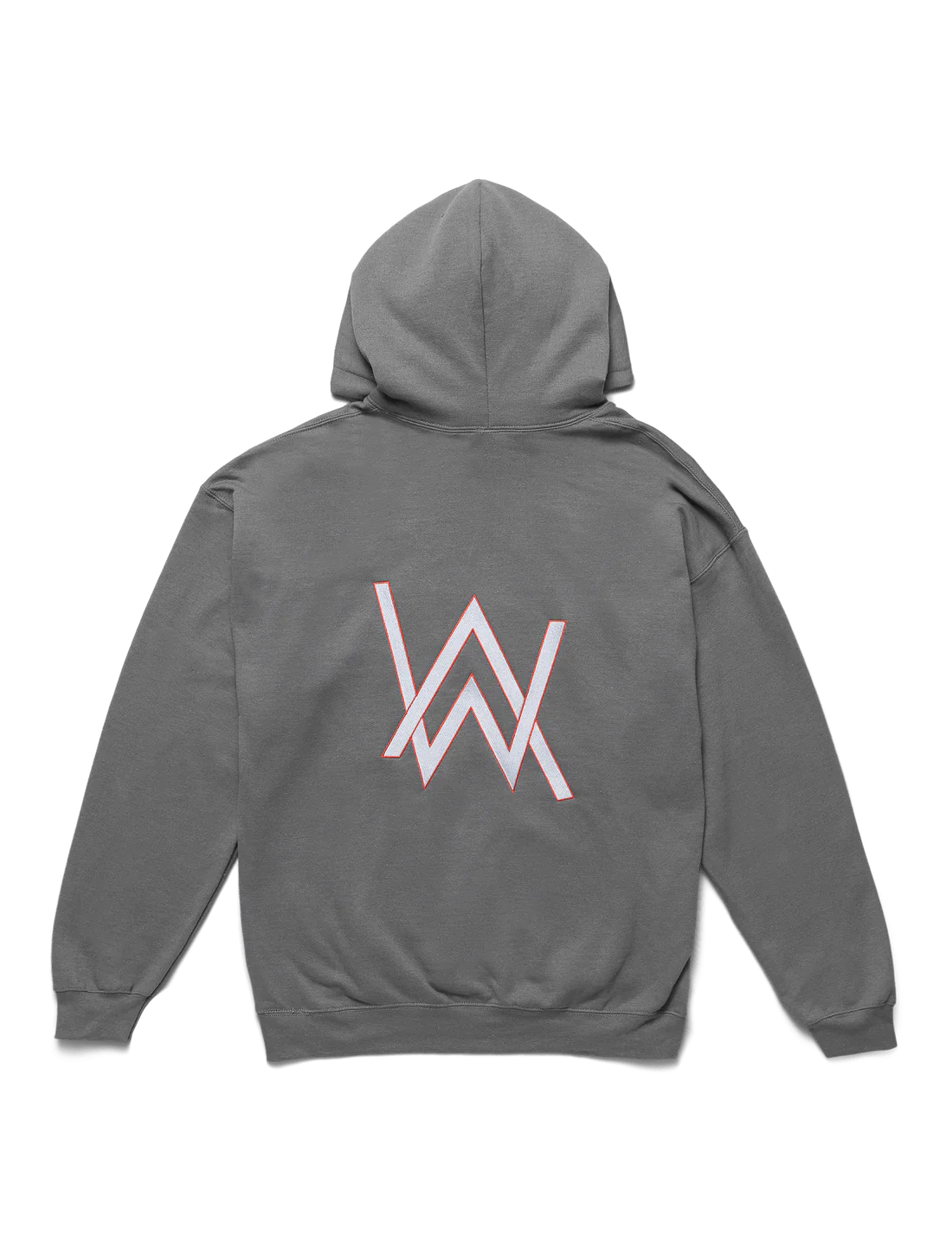 Back view of a charcoal-gray hoodie showcasing a large white Alan Walker logo with red outline, blending style and gaming culture.