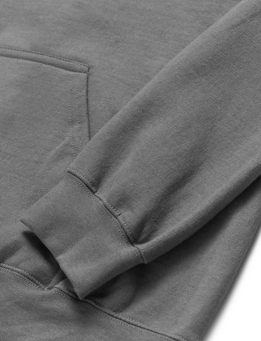 Crisp and clean cuff detail of a charcoal-gray gamer-themed hoodie, focusing on the high-quality fabric and stitching.