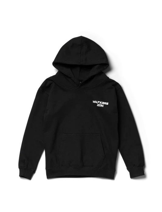 Kids black hoodie with a discreet 'W4LK3RS JOIN' slogan on the front, part of the Alan Walker collection.
