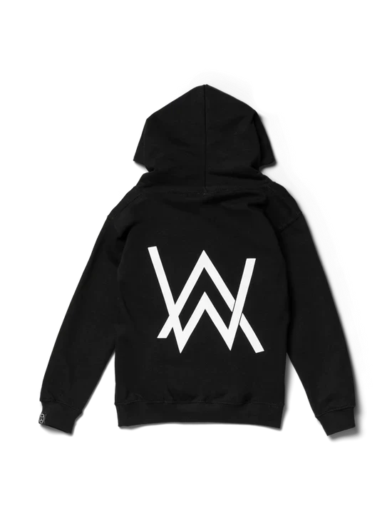 Rear view of the black kids hoodie featuring a prominent white Alan Walker logo, perfect for young fans.