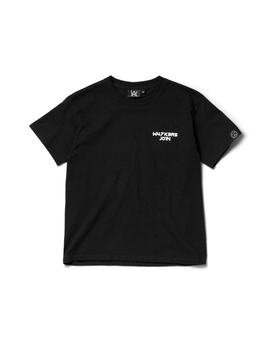 Classic black kids t-shirt featuring the 'W4LK3RS JOIN' slogan and Alan Walker's logo on the chest.