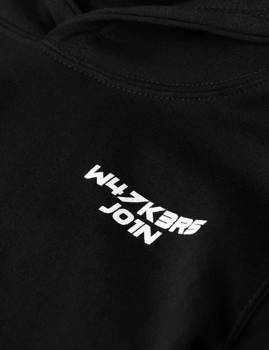 Zoomed-in view of the white 'W4LK3RS JOIN' text on the kids black hoodie, a callout to the Walker community.